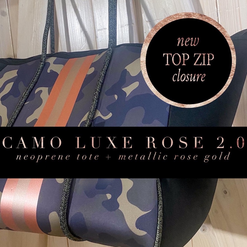 CAMO LUXE ROSE 2.0 Neoprene Tote + rose-gold top zipper closure birthday gift